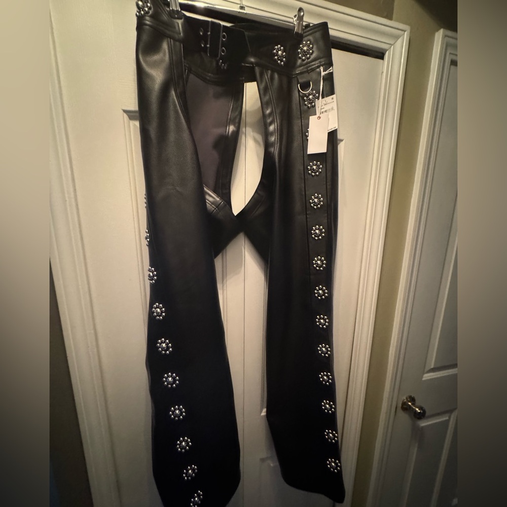 Brand New Good American Black Leather Chaps with Silver Accents